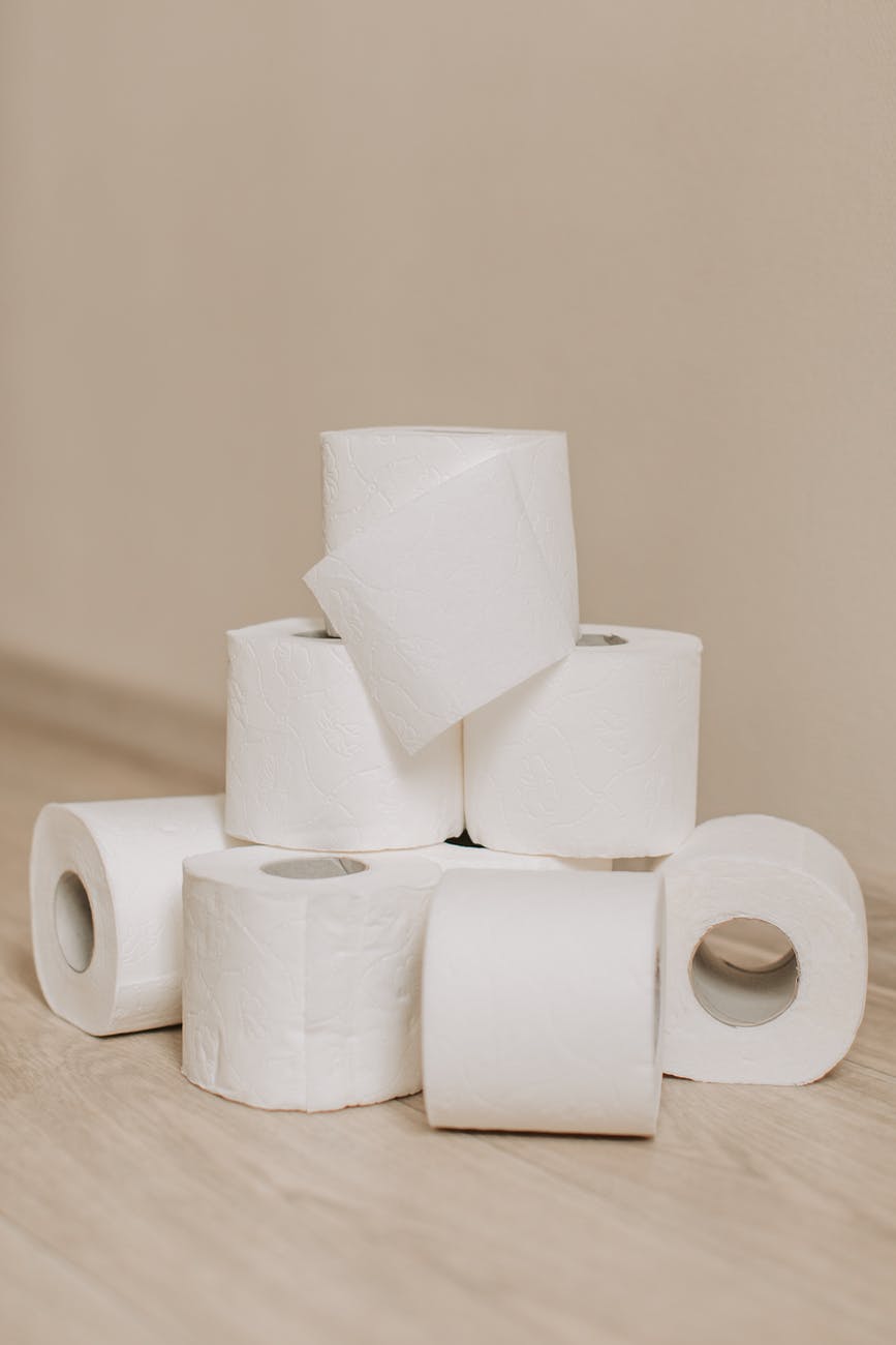 tubes of white toilet paper on bathroom floor